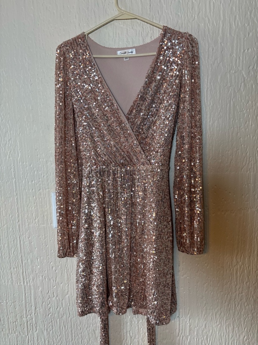 Emerald Sundae Rose Gold Sequin Wrap Long Sleeve Mini Dress